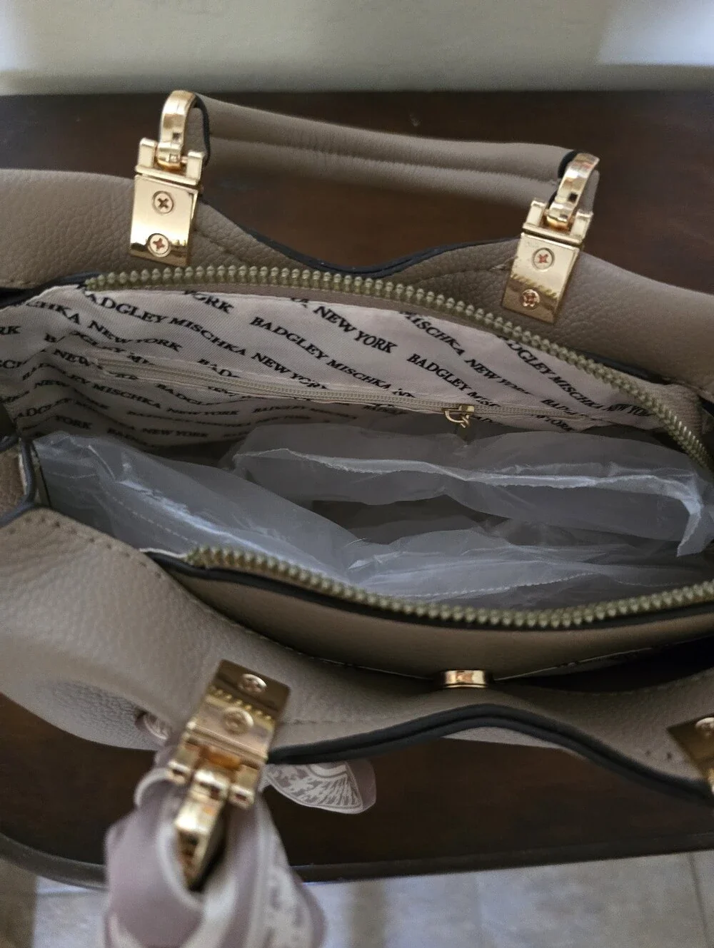 Badgley Mischka Taupe Leather Top-Handle Satchel with Scarf Accent